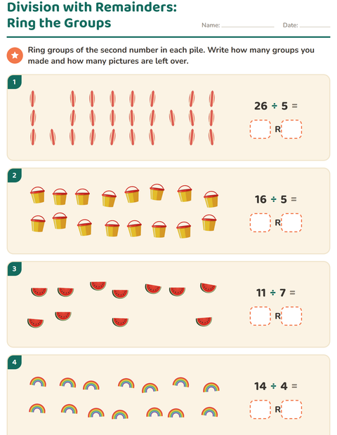 Preview of Division with Remainders worksheet featuring Summer for grade 3