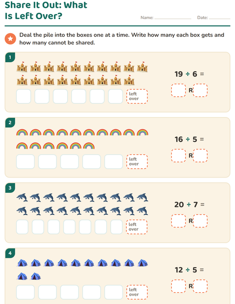 Preview of Division with Remainders worksheet featuring Summer for grade 3