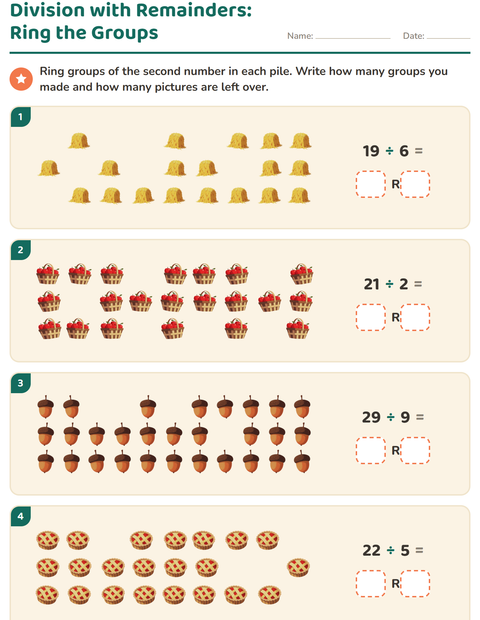 Preview of Division with Remainders worksheet featuring Thanksgiving for grade 3