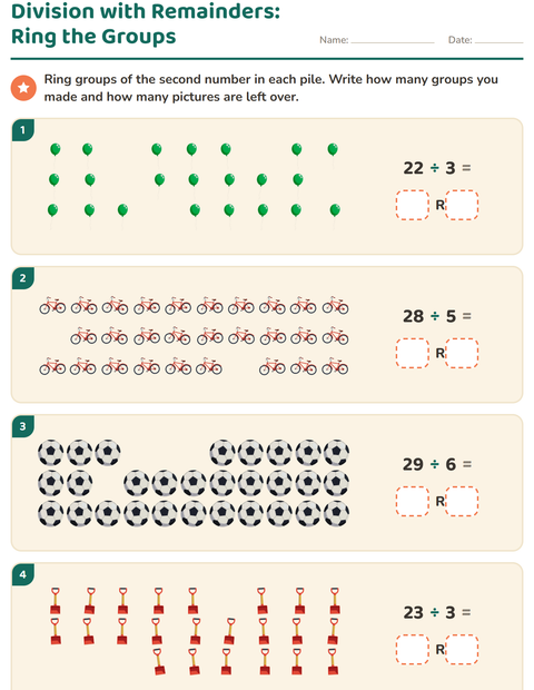 Preview of Division with Remainders worksheet featuring Toys for grade 3