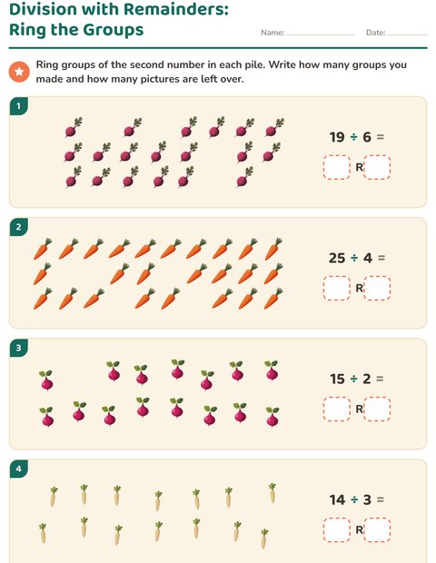 Preview of Division with Remainders worksheet featuring Vegetables for grade 3