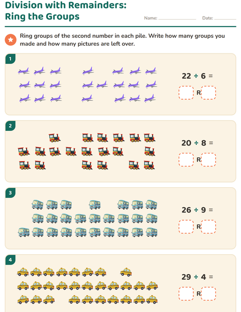 Preview of Division with Remainders worksheet featuring Vehicles for grade 3
