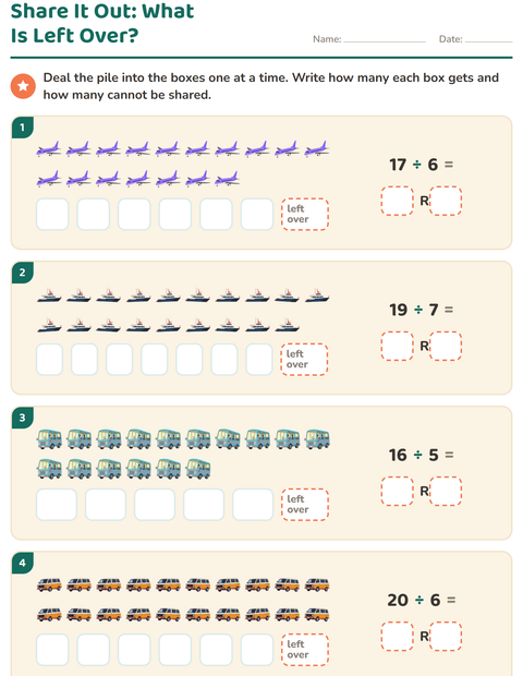 Preview of Division with Remainders worksheet featuring Vehicles for grade 3