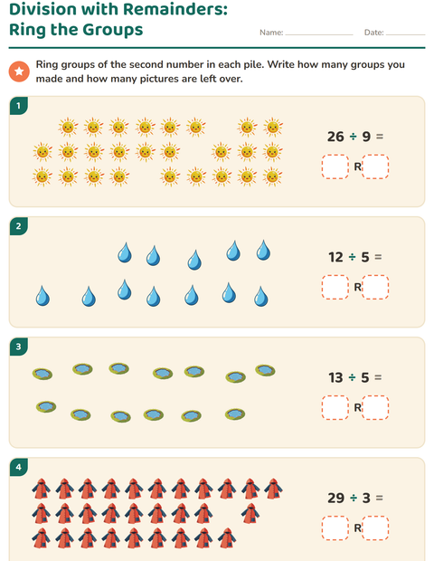 Preview of Division with Remainders worksheet featuring Weather for grade 3