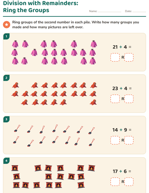 Preview of Division with Remainders worksheet featuring Winter for grade 3