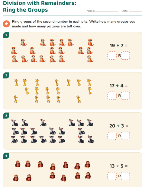 Preview of Division with Remainders worksheet featuring Zoo Animals for grade 3
