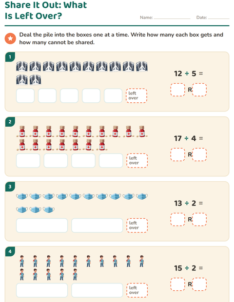 Preview of Division with Remainders worksheet featuring Hospital for grade 3