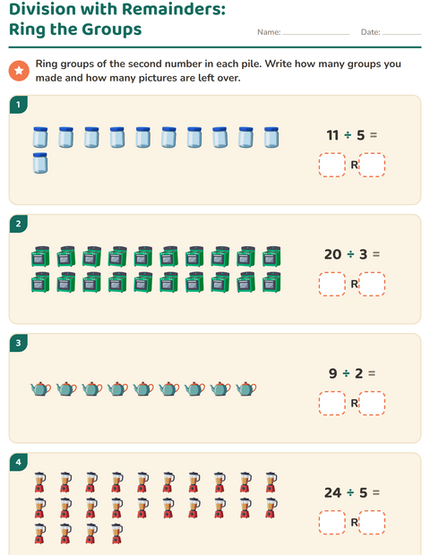 Preview of Division with Remainders worksheet featuring Kitchen Tools for grade 3