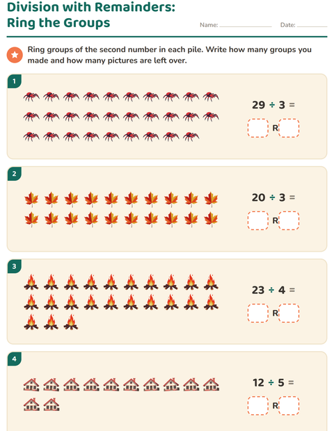 Preview of Division with Remainders worksheet featuring Miscellaneous for grade 3