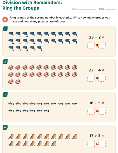 Preview of Division with Remainders worksheet featuring Ocean Life for grade 3