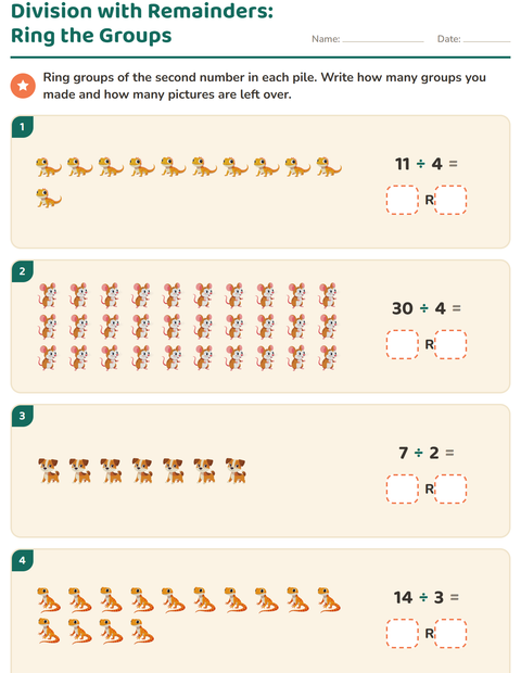 Preview of Division with Remainders worksheet featuring Pets for grade 3
