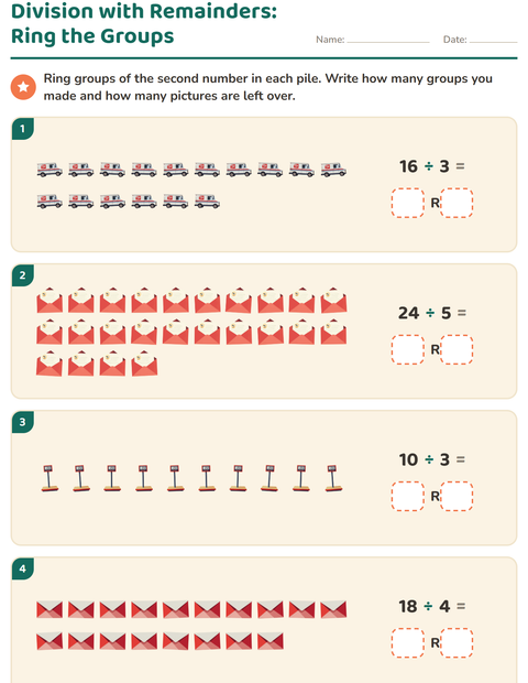 Preview of Division with Remainders worksheet featuring Post Office for grade 3