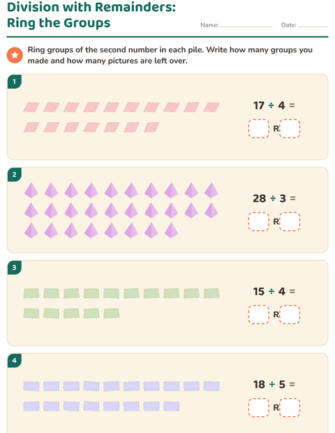Preview of Division with Remainders worksheet featuring Shapes for grade 3