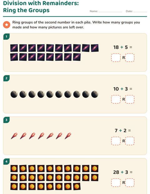 Preview of Division with Remainders worksheet featuring Space for grade 3
