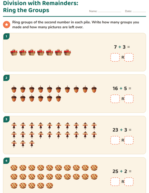 Preview of Division with Remainders worksheet featuring Thanksgiving for grade 3