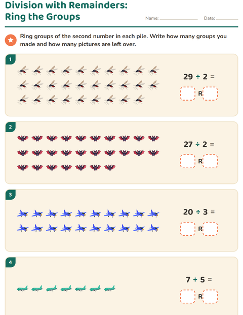 Preview of Division with Remainders worksheet featuring Things That Fly for grade 3