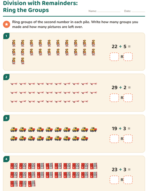 Preview of Division with Remainders worksheet featuring Toys for grade 3