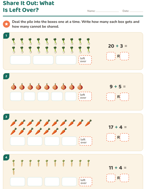 Preview of Division with Remainders worksheet featuring Vegetables for grade 3