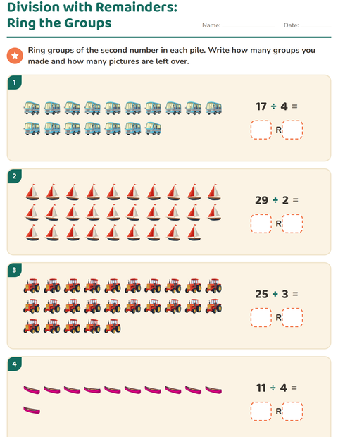 Preview of Division with Remainders worksheet featuring Vehicles for grade 3