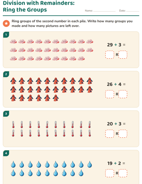 Preview of Division with Remainders worksheet featuring Weather for grade 3