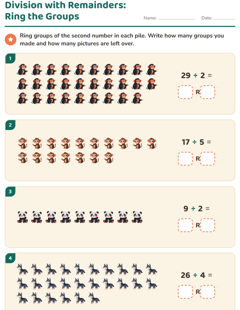 Preview of Division with Remainders worksheet featuring Zoo Animals for grade 3
