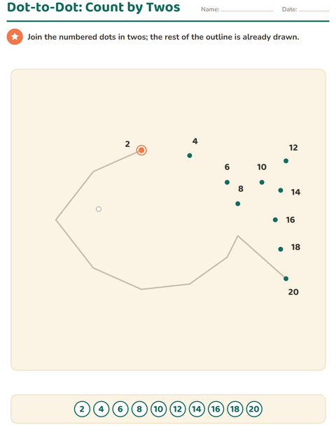 Count by Twos Dot to Dot: 2, 4, 6 up to 20