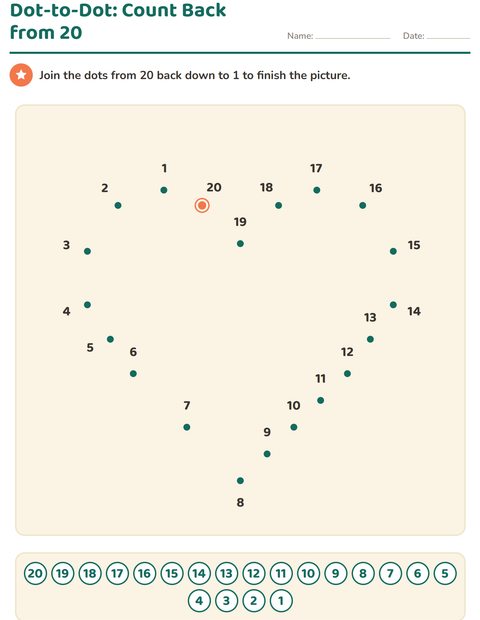 Count Back from 20: Every Dot Numbered, Nothing Pre-Drawn