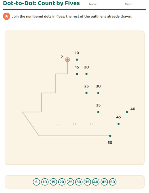 Count by Fives Dot to Dot: 5, 10, 15 up to 50