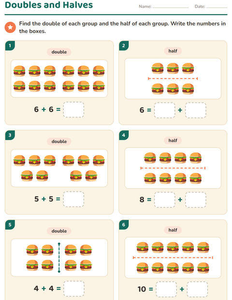 Preview of Doubles and Halves worksheet featuring 4th of July for grade 1