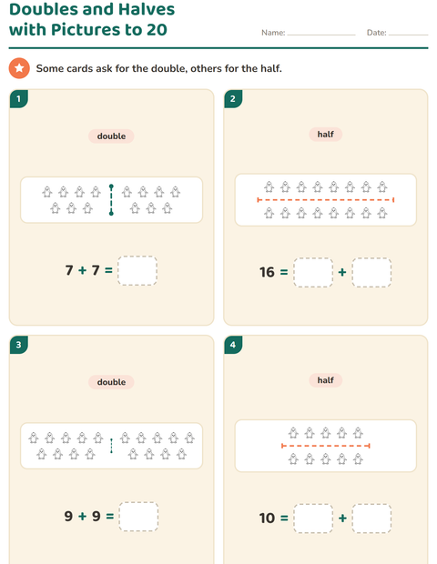 Preview of Doubles and Halves worksheet featuring Animals BW 5 for grade 1