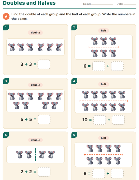 Preview of Doubles and Halves worksheet featuring Animals for grade 1