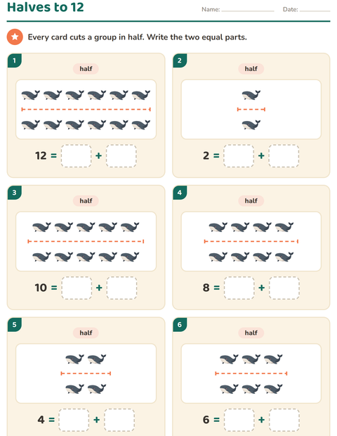 Halves to 12: Cut Each Group into Two Equal Parts