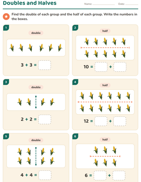 Preview of Doubles and Halves worksheet featuring At the Supermarket for grade 1
