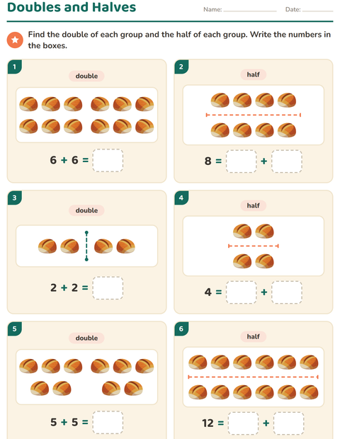 Preview of Doubles and Halves worksheet featuring Bakery for grade 1