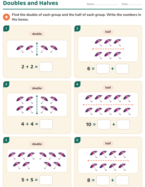 Preview of Doubles and Halves worksheet featuring Beach for grade 1