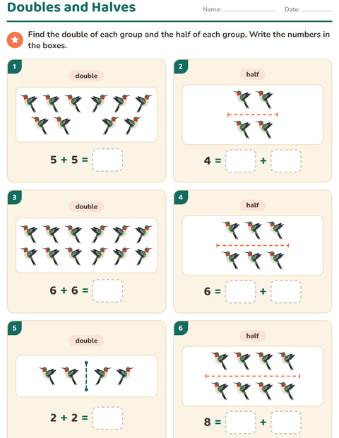 Preview of Doubles and Halves worksheet featuring Birds 2 for grade 1