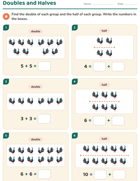 Preview of Doubles and Halves worksheet featuring Birds for grade 1