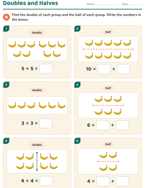 Preview of Doubles and Halves worksheet featuring Breakfast for grade 1