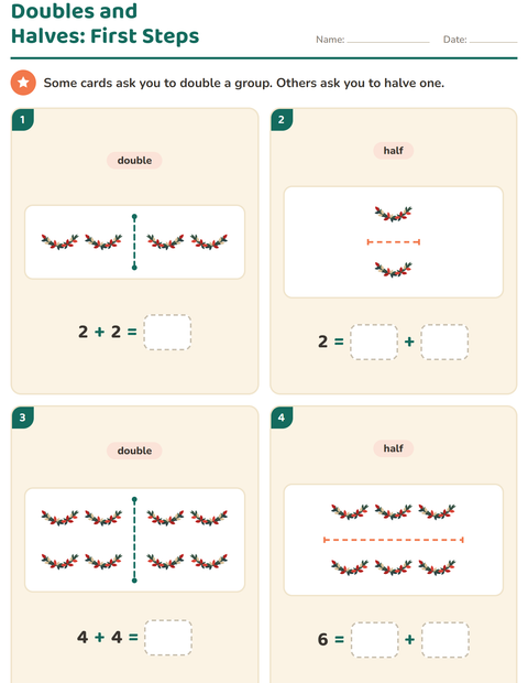 Preview of Doubles and Halves worksheet featuring Christmas for grade 1