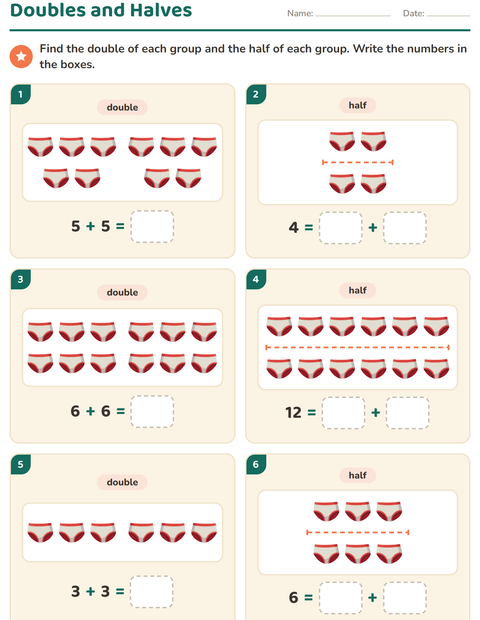 Preview of Doubles and Halves worksheet featuring Clothing for grade 1