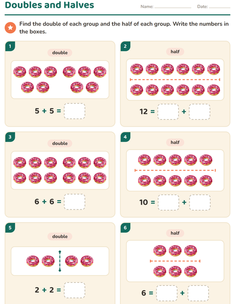 Preview of Doubles and Halves worksheet featuring Desserts and Sweets for grade 1
