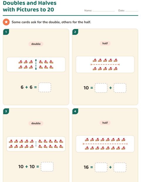 Preview of Doubles and Halves worksheet featuring Desserts and Sweets for grade 1