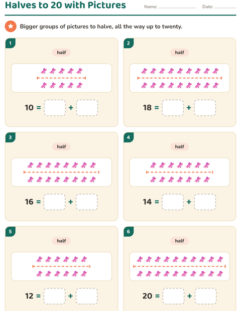Preview of Doubles and Halves worksheet featuring Dinosaurs for grade 1