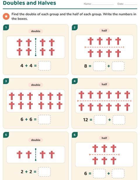 Preview of Doubles and Halves worksheet featuring Easter for grade 1