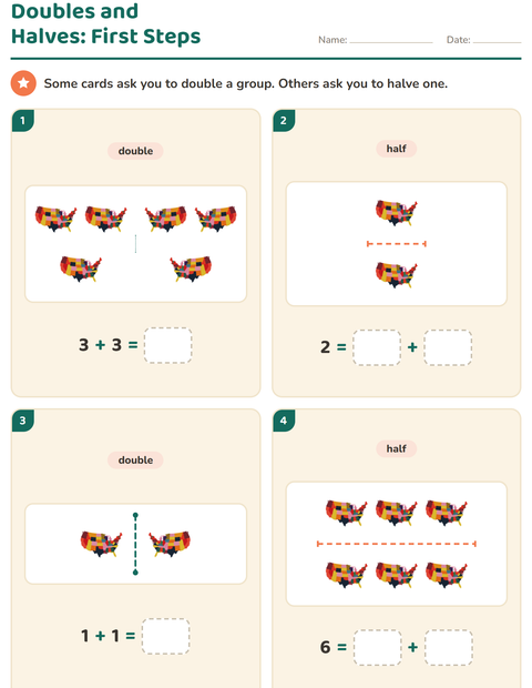 Preview of Doubles and Halves worksheet featuring 4th of July for grade 1