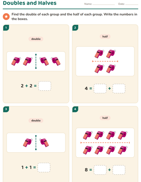 Preview of Doubles and Halves worksheet featuring Accessories for grade 1