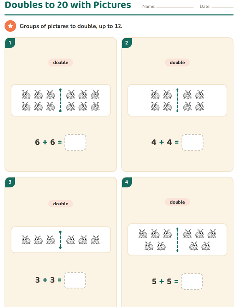 Preview of Doubles and Halves worksheet featuring Animals BW 3 for grade 1