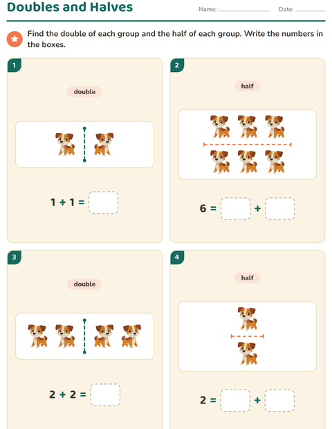 Preview of Doubles and Halves worksheet featuring Animals for grade 1