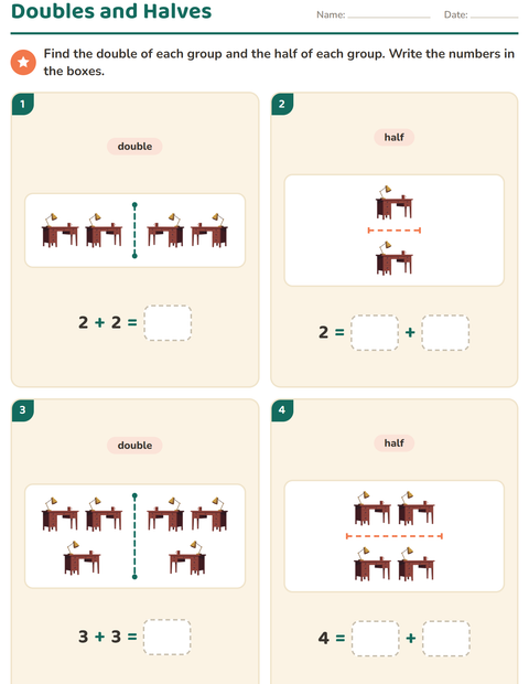 Preview of Doubles and Halves worksheet featuring Around the House for grade 1