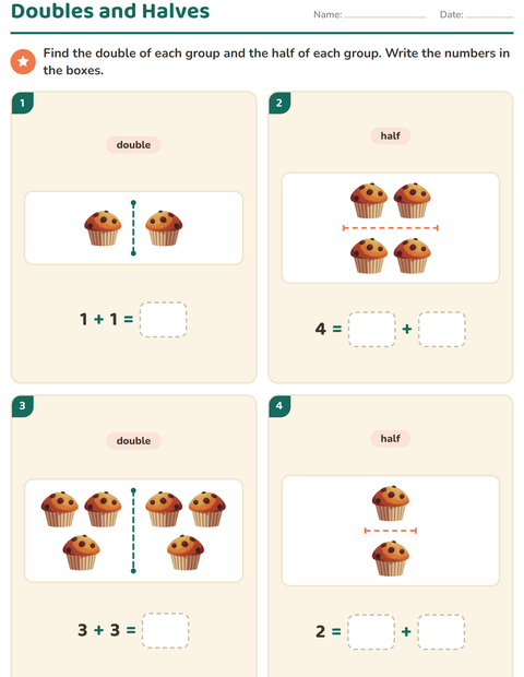 Preview of Doubles and Halves worksheet featuring Bakery for grade 1
